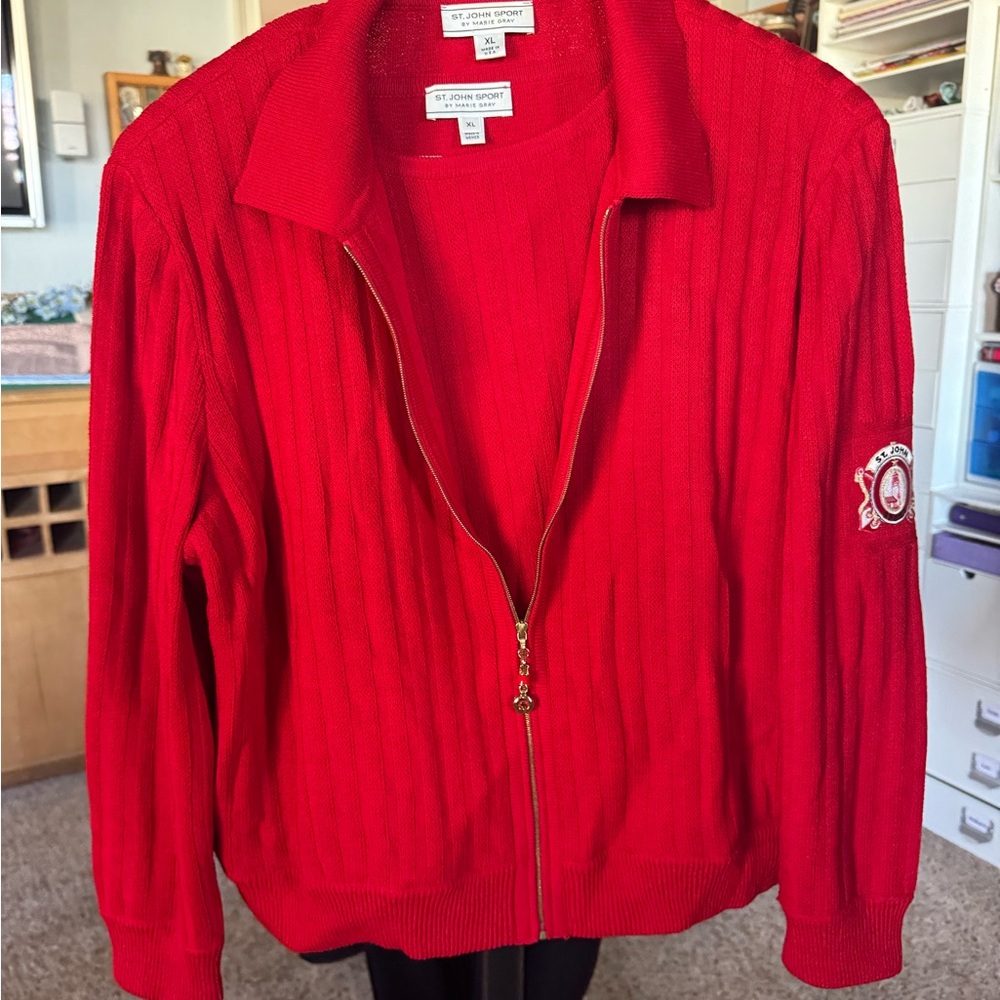 St. John Red Bomber Sweater with Zipper